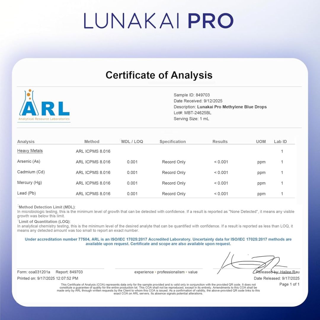 Lunakai PRO Methylene Blue 99.99% Pure – 1% USP Grade Cognitive Drops