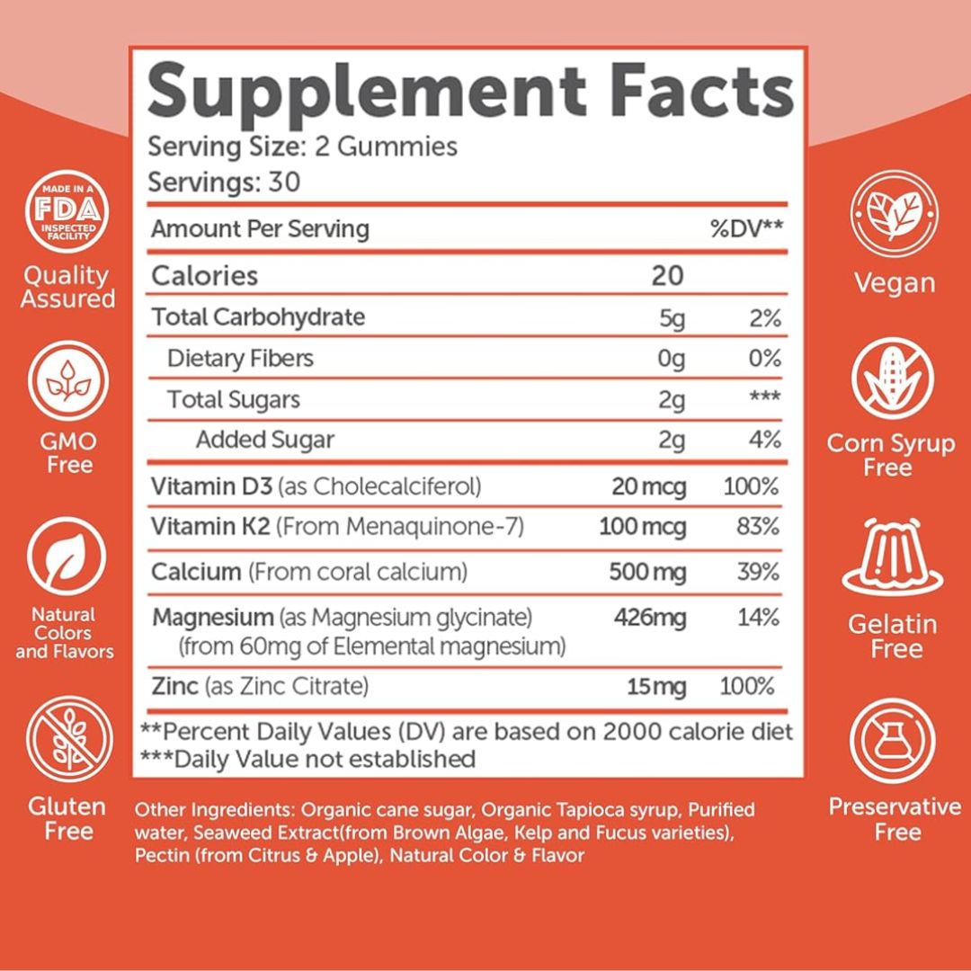 Calcium Magnesium Zinc Gummies with D3 & K2 – 60ct