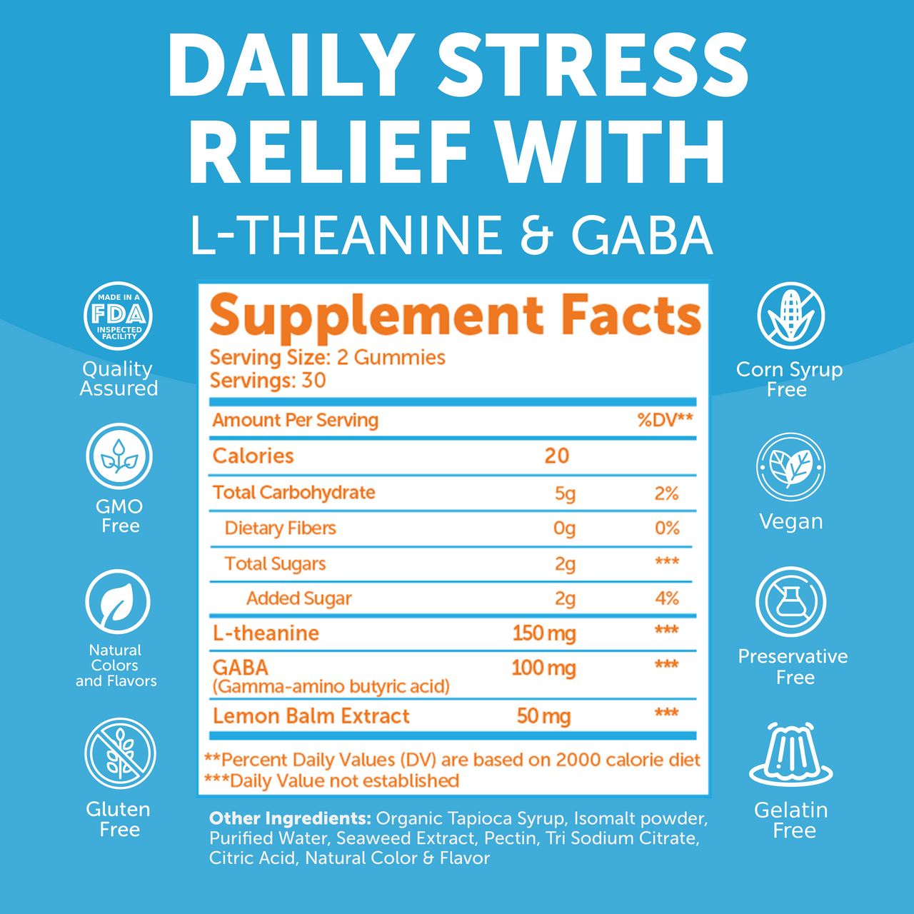 Calm & Stress Relief Gummies – GABA & L‑Theanine, 60ct