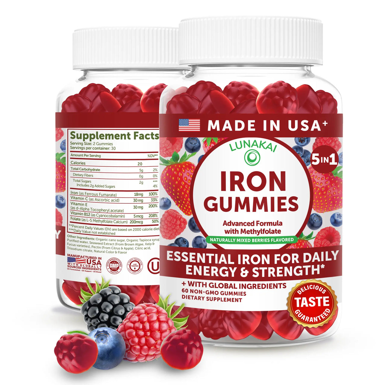 Iron Gummies – 100% Daily Value with Vitamin C, B12 & Methylfolate