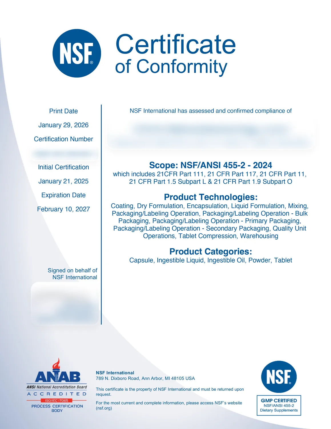 Certificate of Analysis