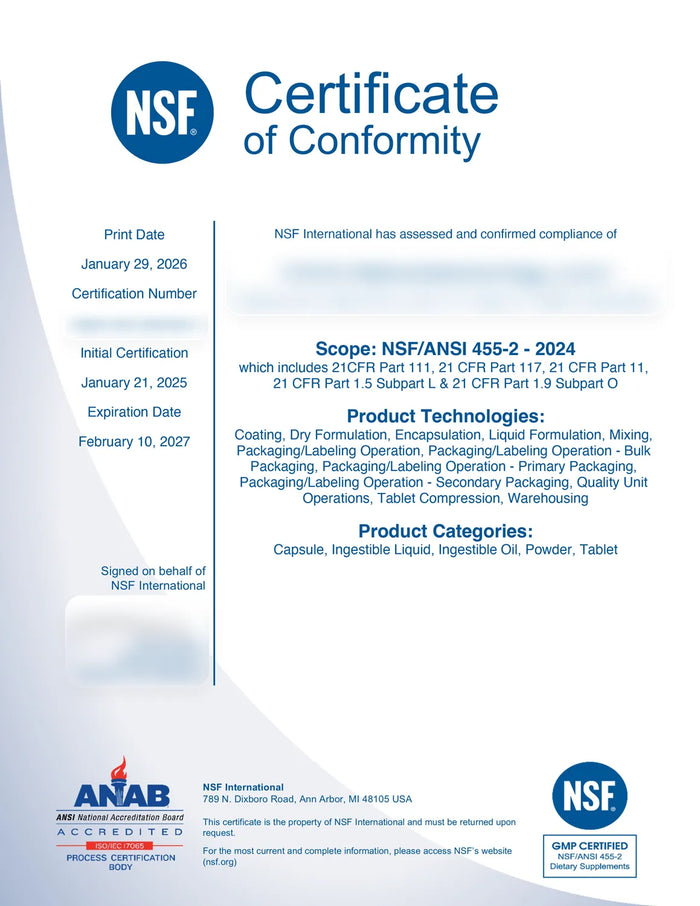 NSF Certificate of Conformity