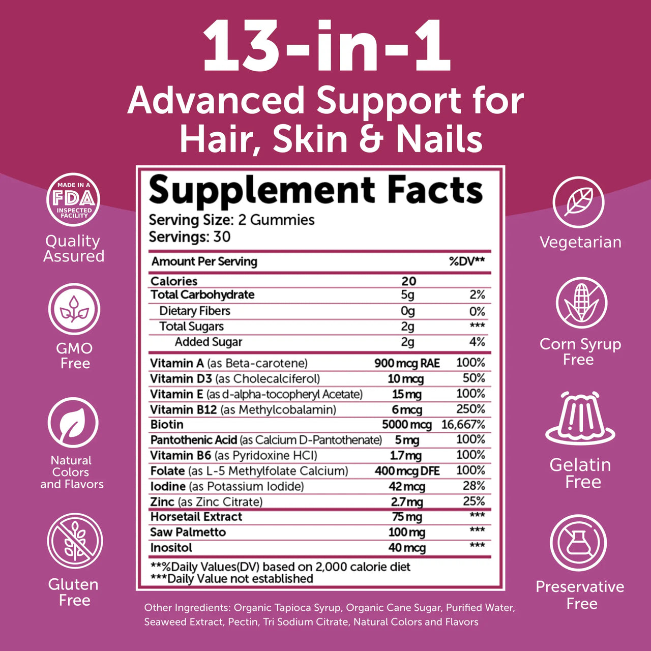 Hair Growth Gummies for Women – Biotin + Collagen, 60ct