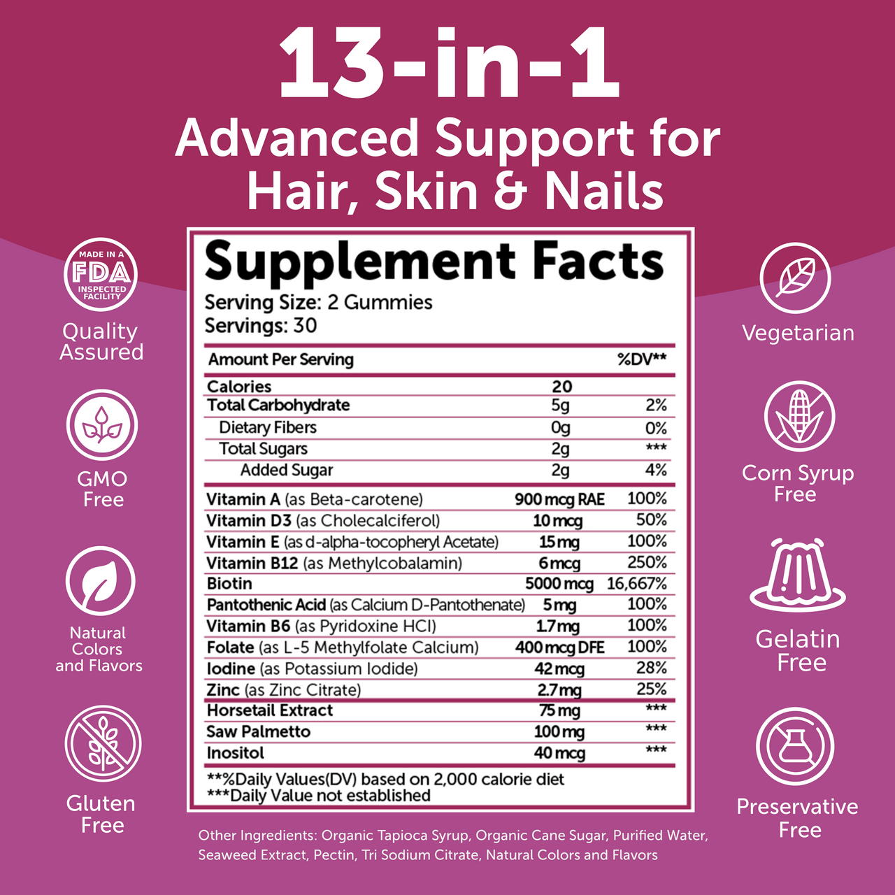 Hair Growth Gummies for Women – Biotin + Collagen, 60ct