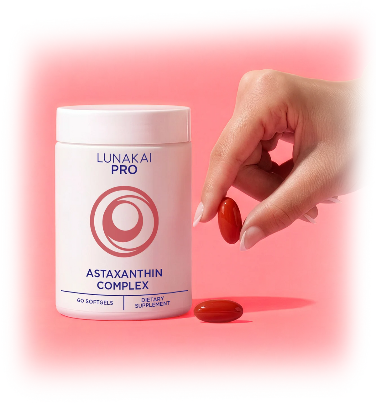 Lunakai PRO Astaxanthin Complex bottle and a hand holding a softgel